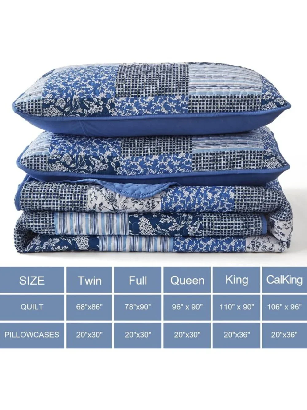Blue Boho King Quilt Set - 3 Piece Plaid Floral Reversible Bedspread for All